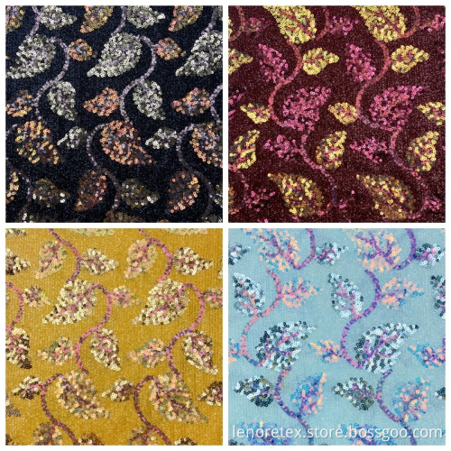 Knit Leaf Shape Fringed Mesh Embroidery Sequin Fabric